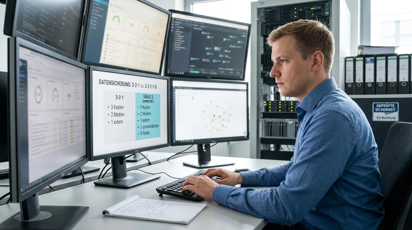 Infografik vergleicht die klassische 3-2-1-Backup-Regel mit der erweiterten 3-2-1-1-0-Regel gegen Ransomware.