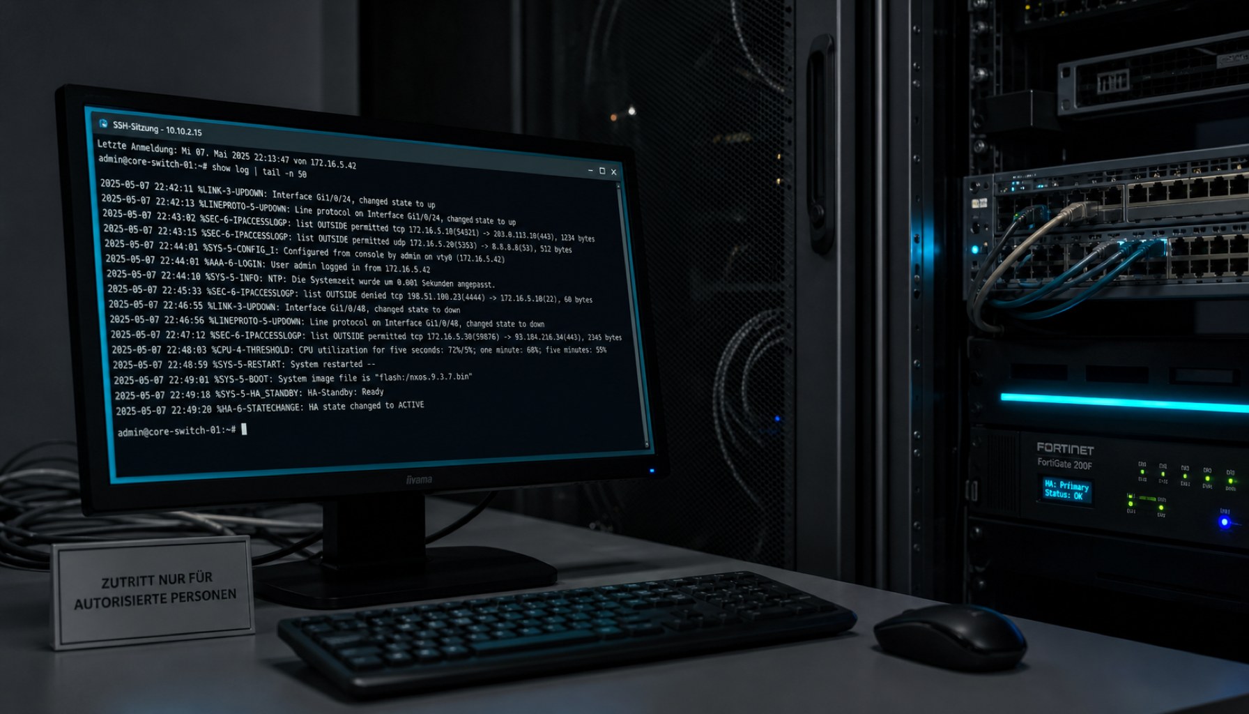 Dokumentarisches Foto eines unüberwachten Maschinen-Kontos im Serverraum - ein Angriffspfad ohne Alarm.