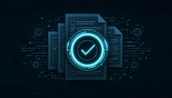Geometrisch geordnetes Raster aus Dokument-Ebenen mit einem leuchtenden Prüfsiegel-Ring im Zentrum, Zahnräder und Checklisten-Struktur aus Lichtlinien, cyan-dunkle Farbwelt, textfrei, keine Personen